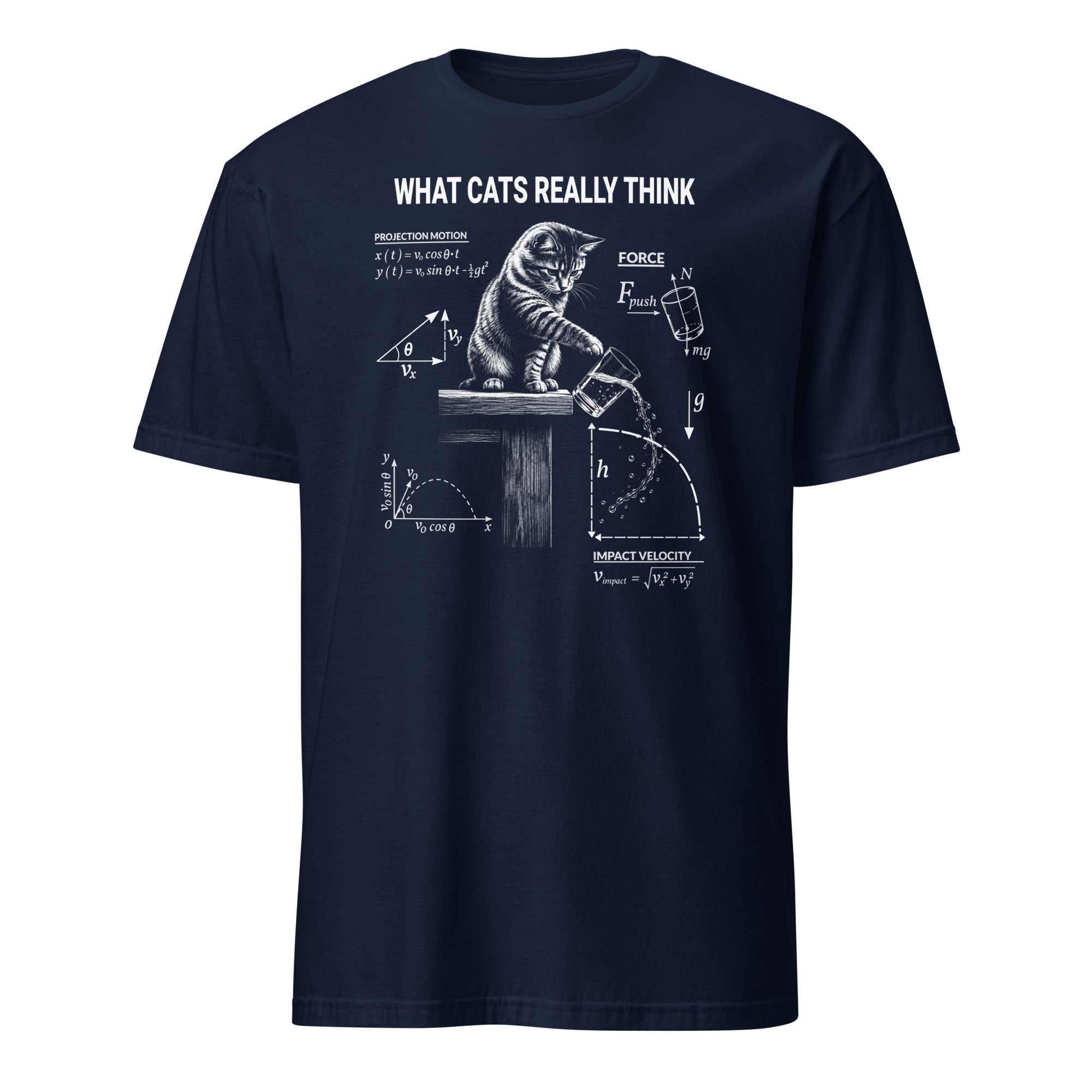 Navy What Cats Really Think graphic t-shirt with cat pushing glass off table and physics equations
