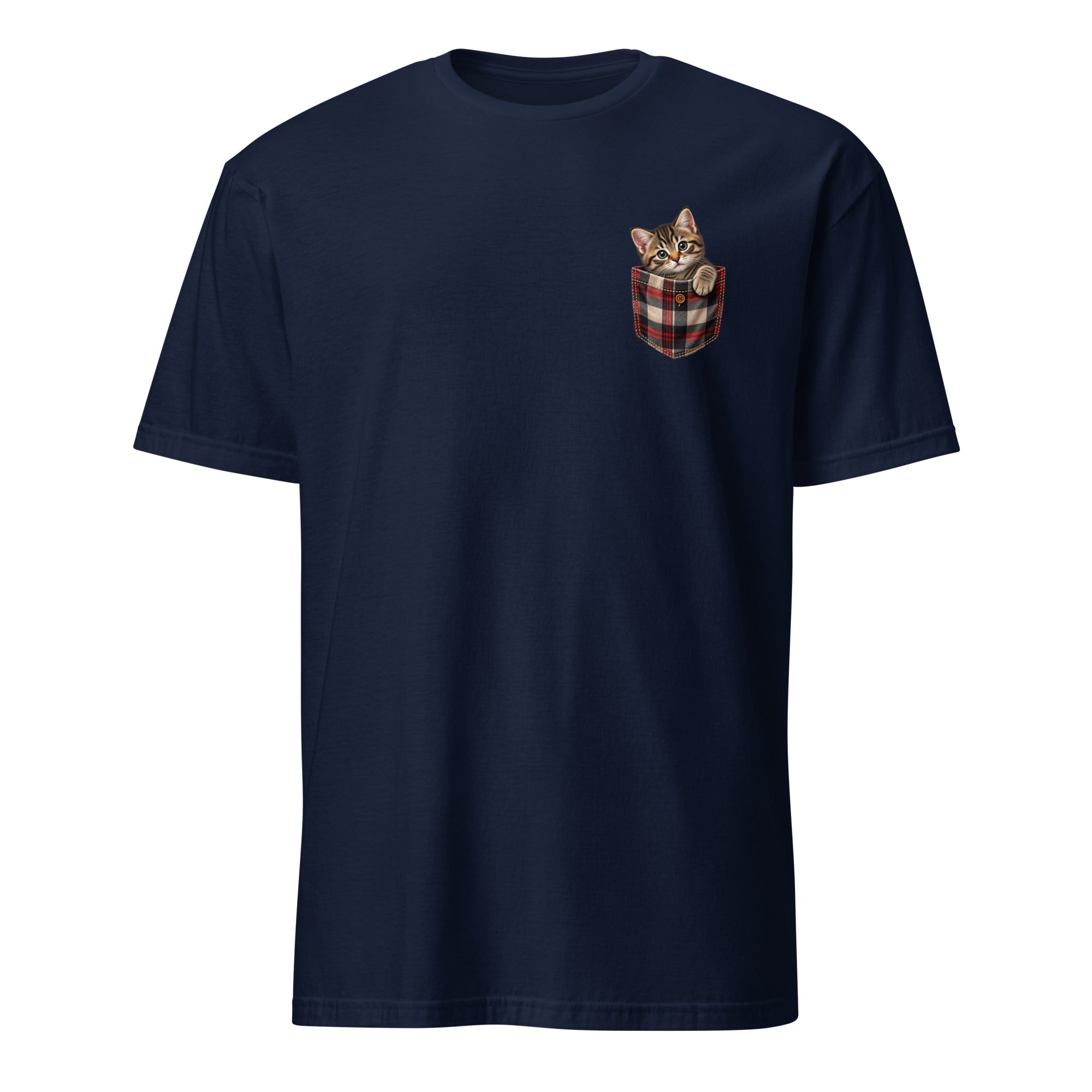 A navy blue short-sleeve crewneck t-shirt featuring a small graphic of a tabby kitten peeking out of a red, blue, and white plaid pocket on the left chest, shown against a plain white background.