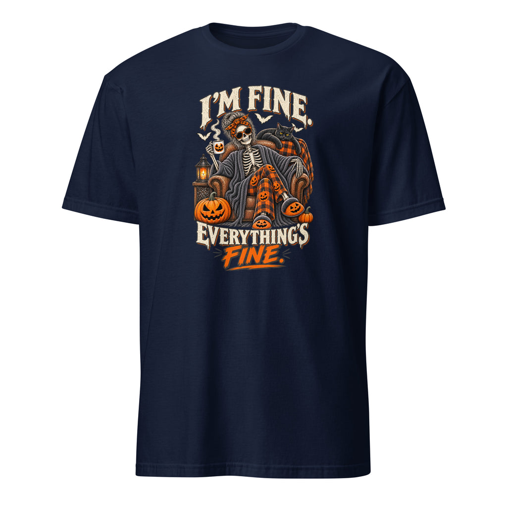 A navy blue short-sleeve t-shirt with a Halloween-themed graphic on the chest. The graphic features a skeleton sitting in a plaid jacket next to jack-o'-lanterns, with the text 'I'M FINE.