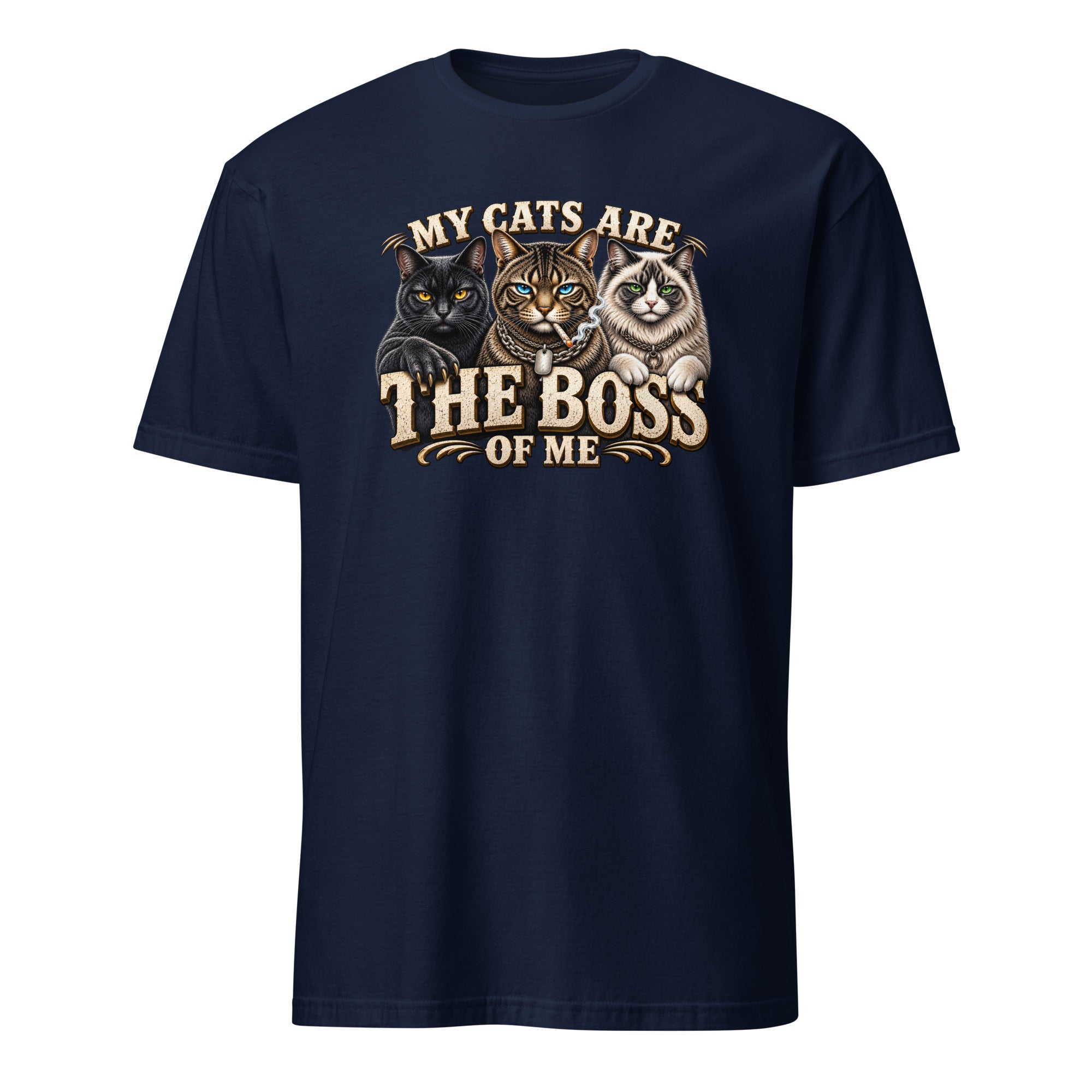 A navy blue short-sleeve crewneck t-shirt featuring a graphic print of three cats above the text 'MY CATS ARE THE BOSS OF ME' in a distressed cream font.
