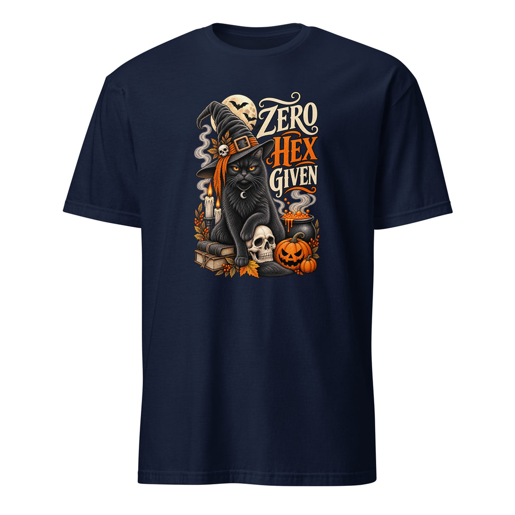 A navy blue short-sleeve t-shirt with a Halloween-themed graphic on the chest featuring a black cat in a witch hat, skulls, pumpkins, and the text 'ZERO HEX GIVEN'.