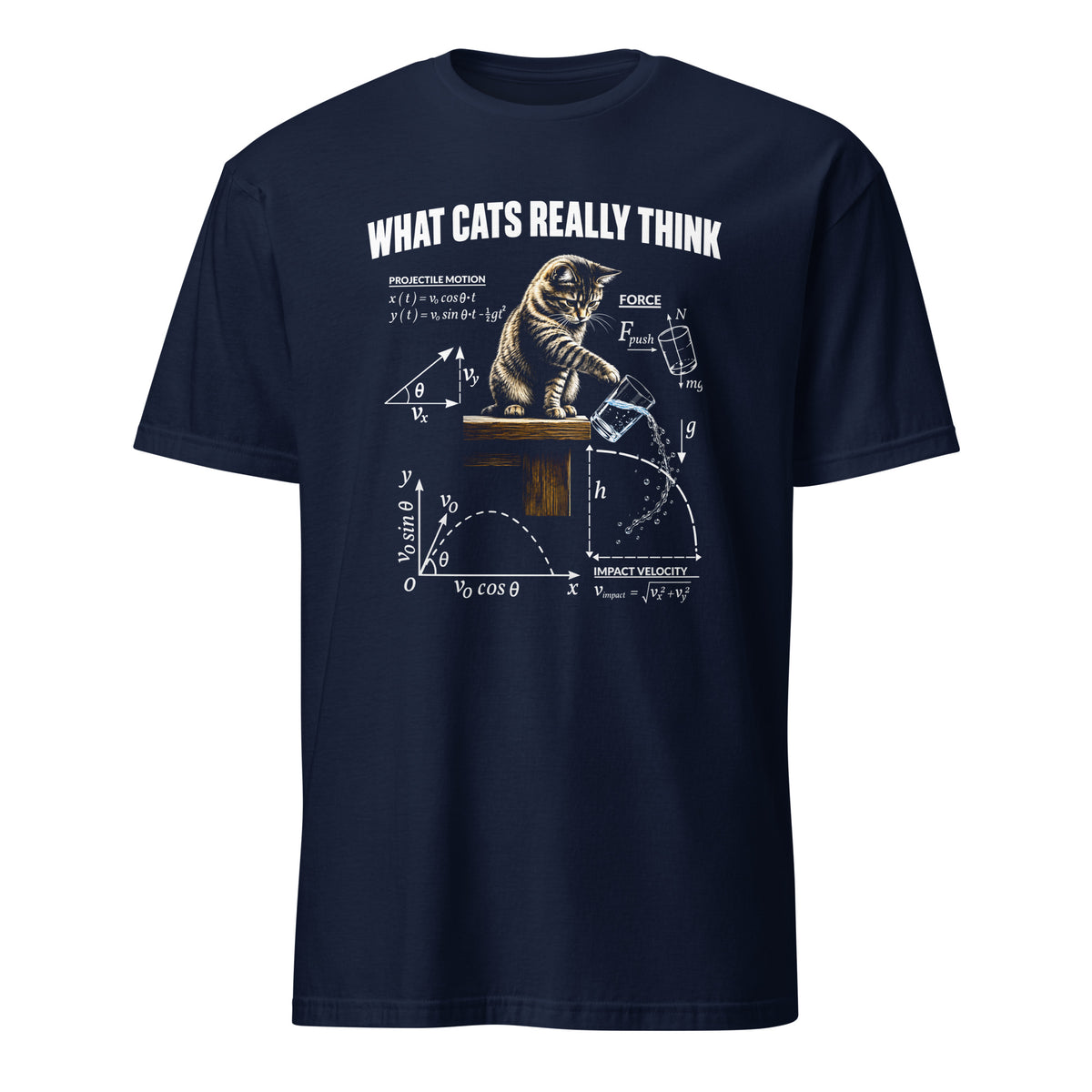 A navy blue short-sleeve t-shirt with a detailed graphic on the front showing a cat sitting on a table with physics equations and diagrams, under the text 'WHAT CATS REALLY THINK'.