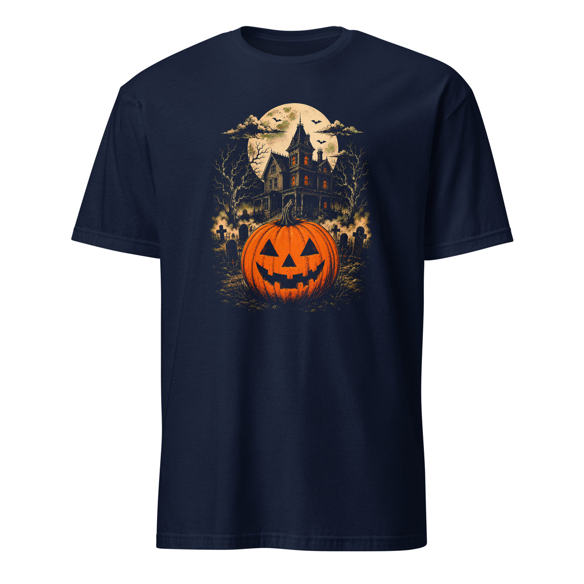A navy blue short-sleeve crewneck t-shirt featuring a detailed Halloween graphic print on the front. The graphic depicts a glowing orange jack-o'-lantern pumpkin in the foreground, set against a spooky haunted house, bare trees, a full moon, and bats.