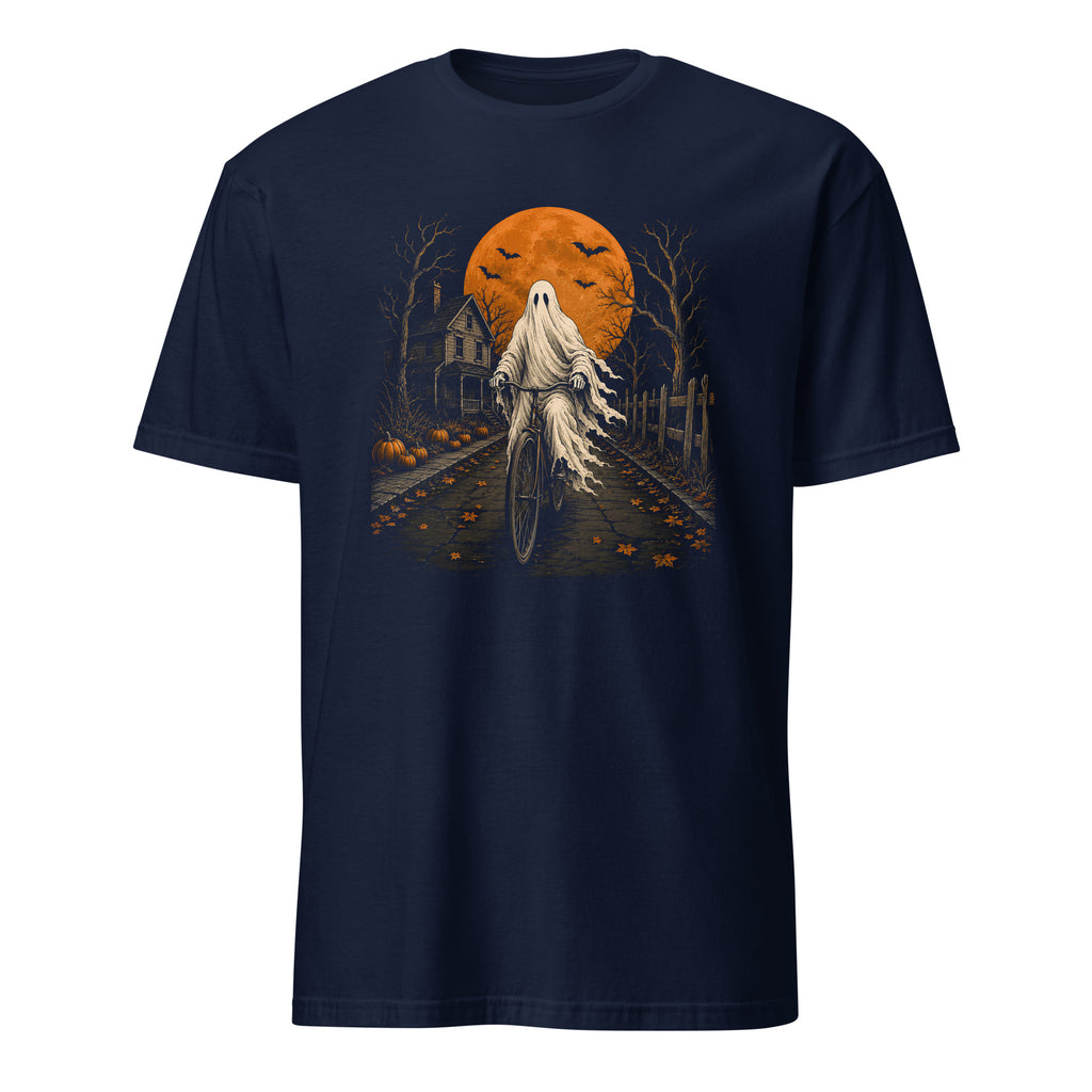 A navy blue short-sleeve crewneck t-shirt featuring a Halloween-themed graphic print of a ghost riding a bicycle on a railroad track toward a haunted house under a large orange full moon.