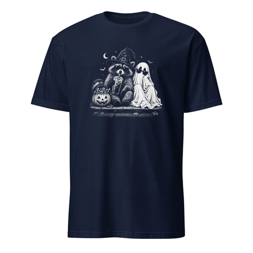 A navy blue short-sleeve crewneck t-shirt featuring a black and white graphic print of a raccoon in a witch hat next to a ghost, with a jack-o'-lantern and bats.