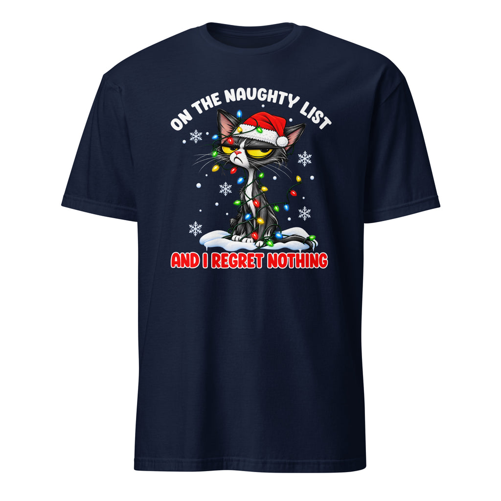 A navy blue short-sleeve t-shirt with a graphic of a grumpy cat wearing a Santa hat and Christmas lights, with the text 'ON THE NAUGHTY LIST' and 'AND I REGRET NOTHING' on a white background.