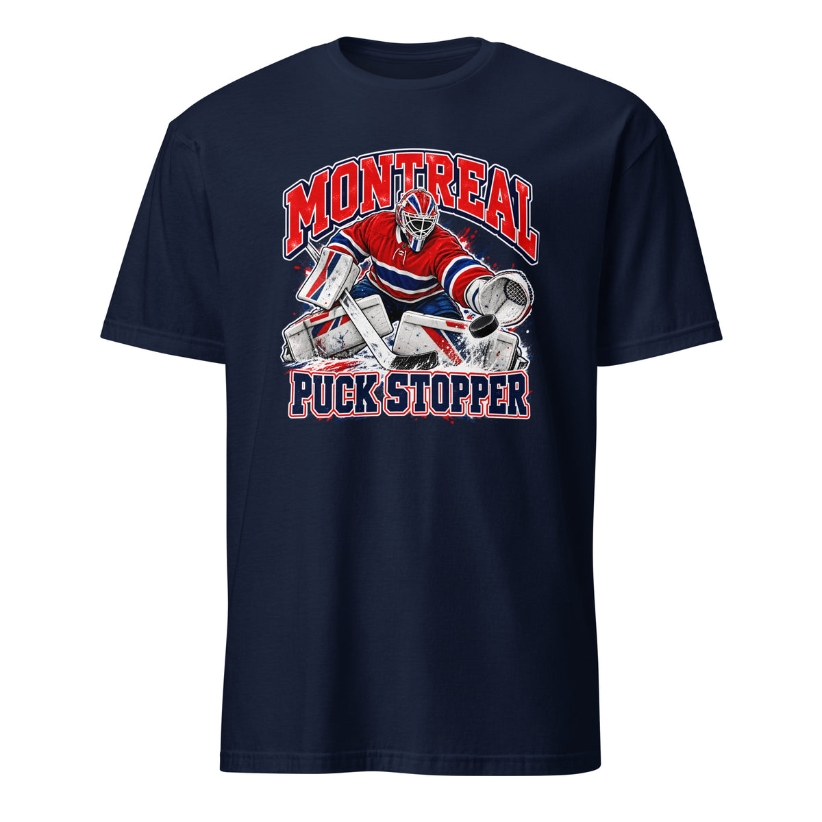 Montreal hockey goalie graphic navy t-shirt featuring a puck stopper making a save in red, white and blue hockey gear, vintage ice hockey fan apparel.