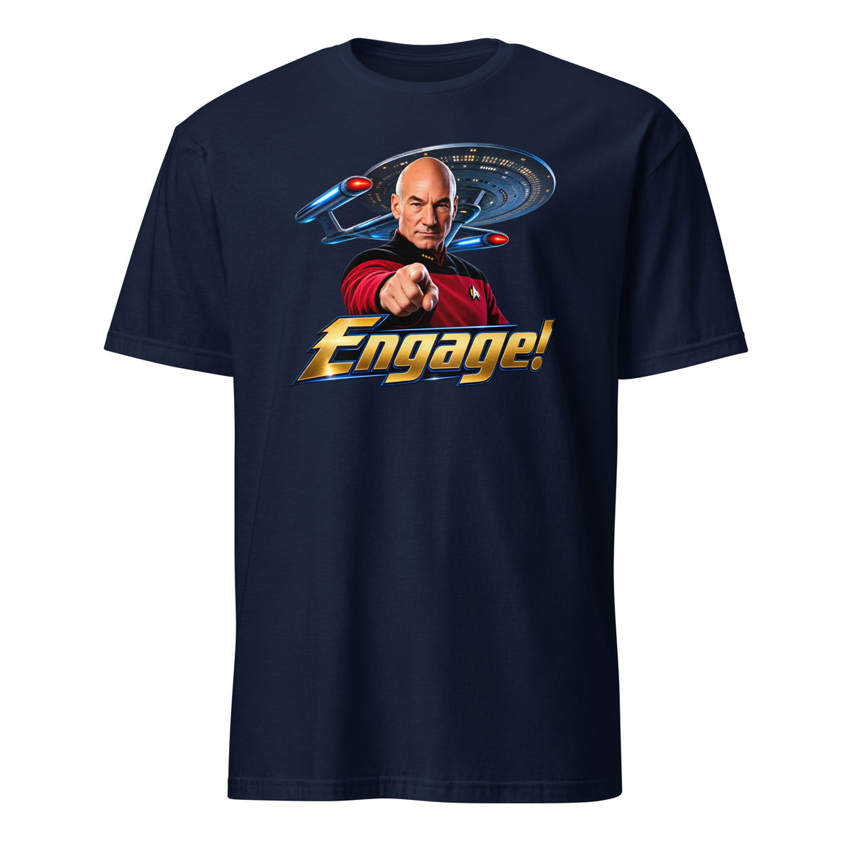 A navy blue short-sleeve crewneck t-shirt featuring a graphic print of Captain Jean-Luc Picard pointing forward with the word 'Engage!' in a gold font, and the Star Trek Enterprise ship behind him.