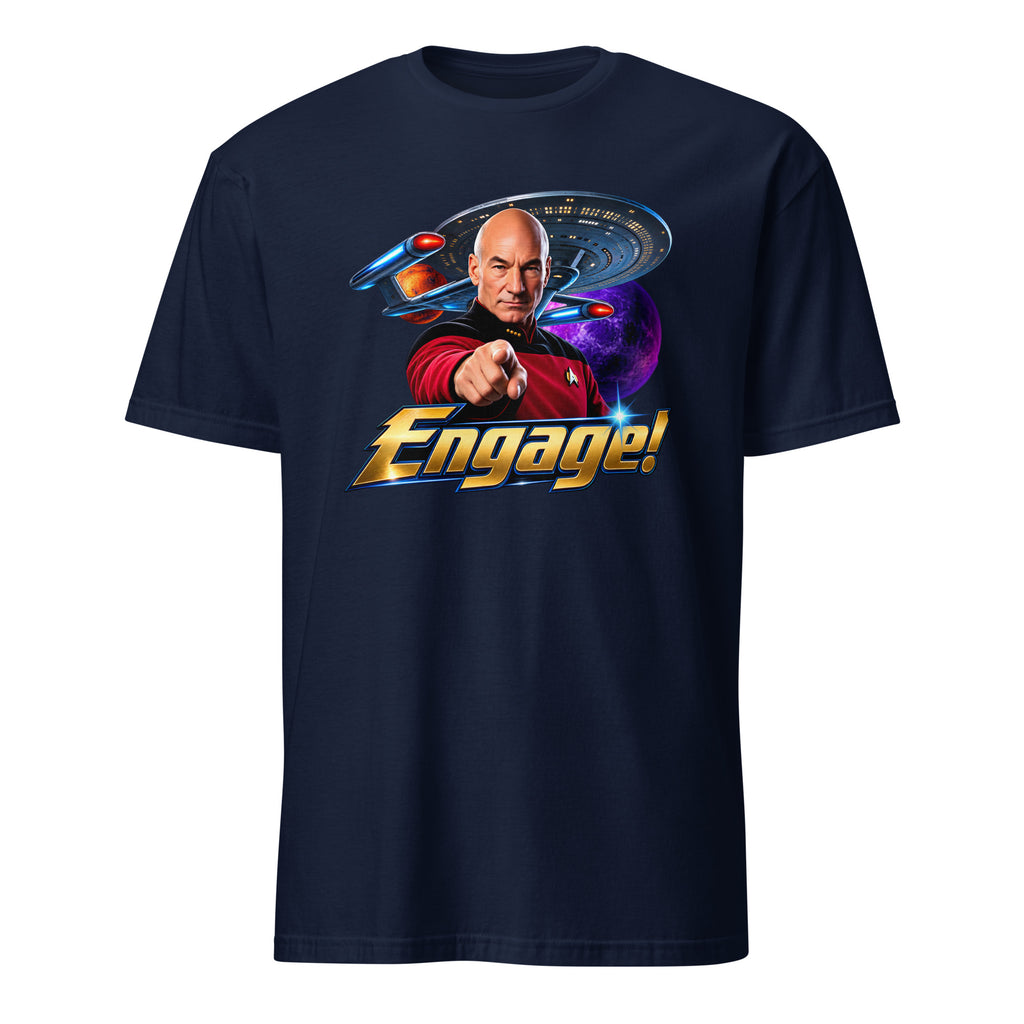 A navy blue short-sleeve crewneck t-shirt featuring a graphic print of Captain Picard from Star Trek pointing forward, with the word 'Engage!' in gold and blue text below, and a Starship Enterprise in the background.