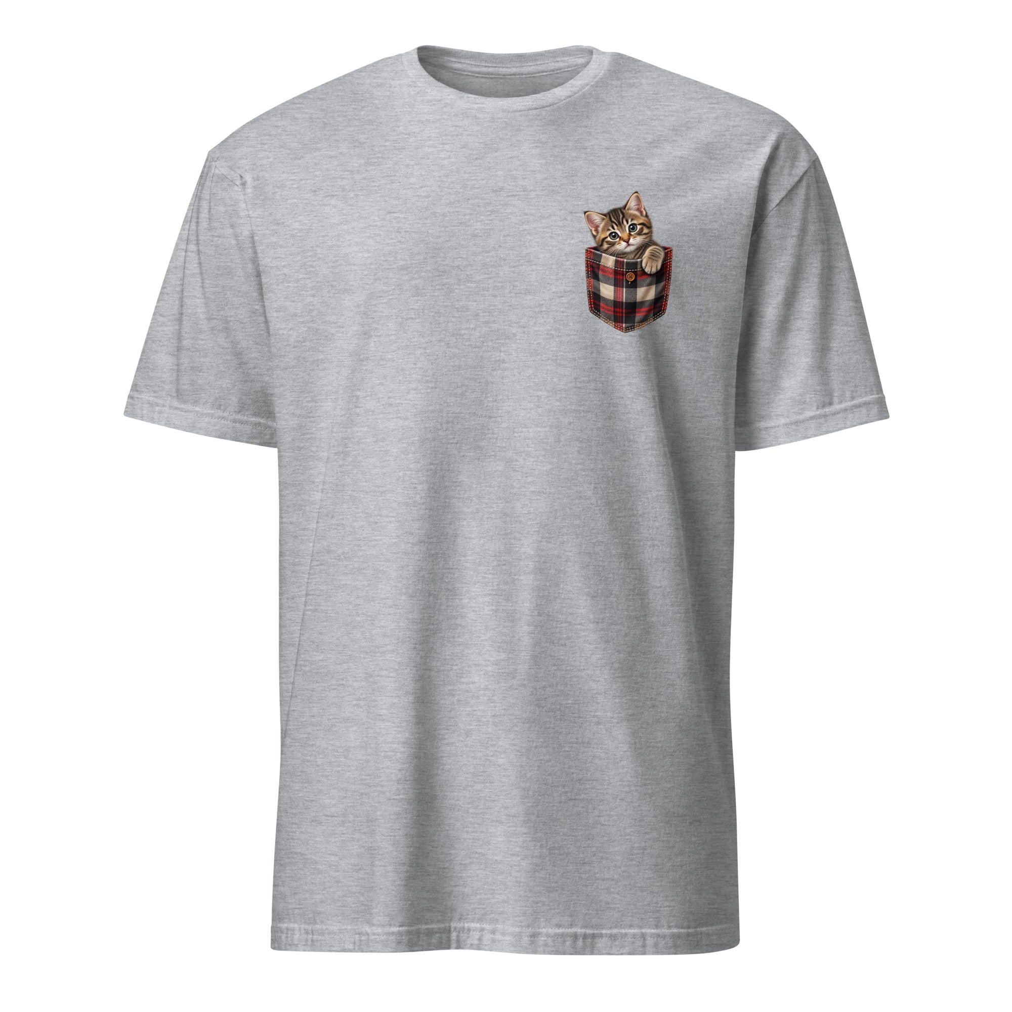 A light gray heather crewneck t-shirt featuring a small graphic of a tabby kitten peeking out of a red, black, and white plaid pocket on the left chest, displayed on a clean white background.
