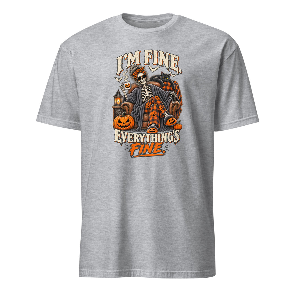 A heather gray short-sleeve crewneck t-shirt featuring a Halloween graphic of a skeleton in a plaid coat sitting on a pumpkin, with the text 'I'M FINE. EVERYTHING'S FINE.