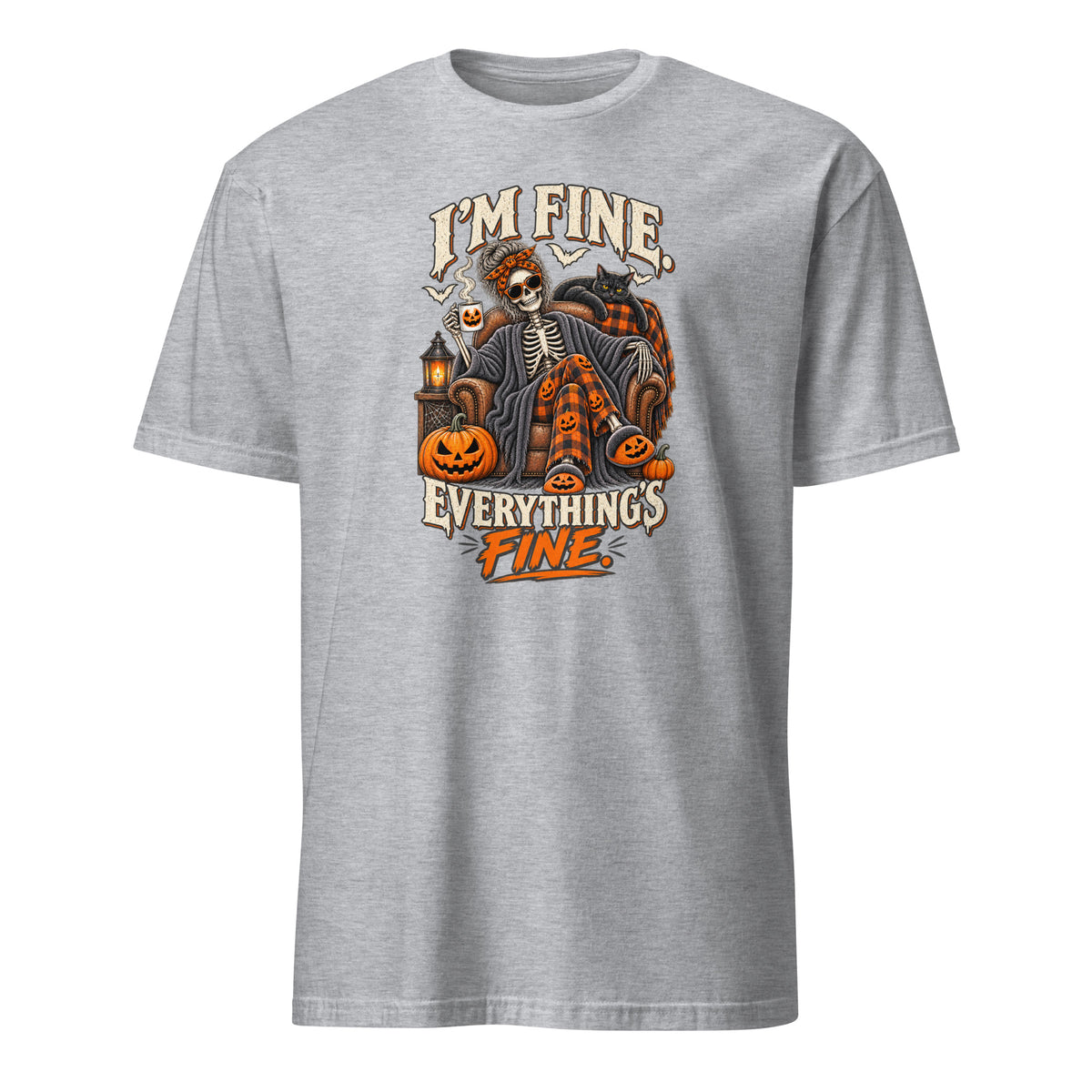 A heather gray short-sleeve crewneck t-shirt featuring a Halloween graphic of a skeleton in a plaid coat sitting on a pumpkin, with the text 'I'M FINE. EVERYTHING'S FINE.