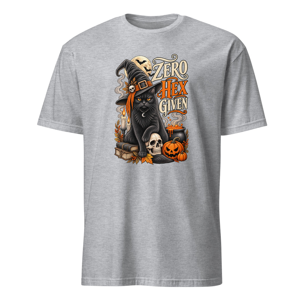 A heather gray short-sleeve crewneck t-shirt featuring a Halloween graphic of a black cat in a witch hat with skulls, pumpkins, and the text 'ZERO HEX GIVEN'.