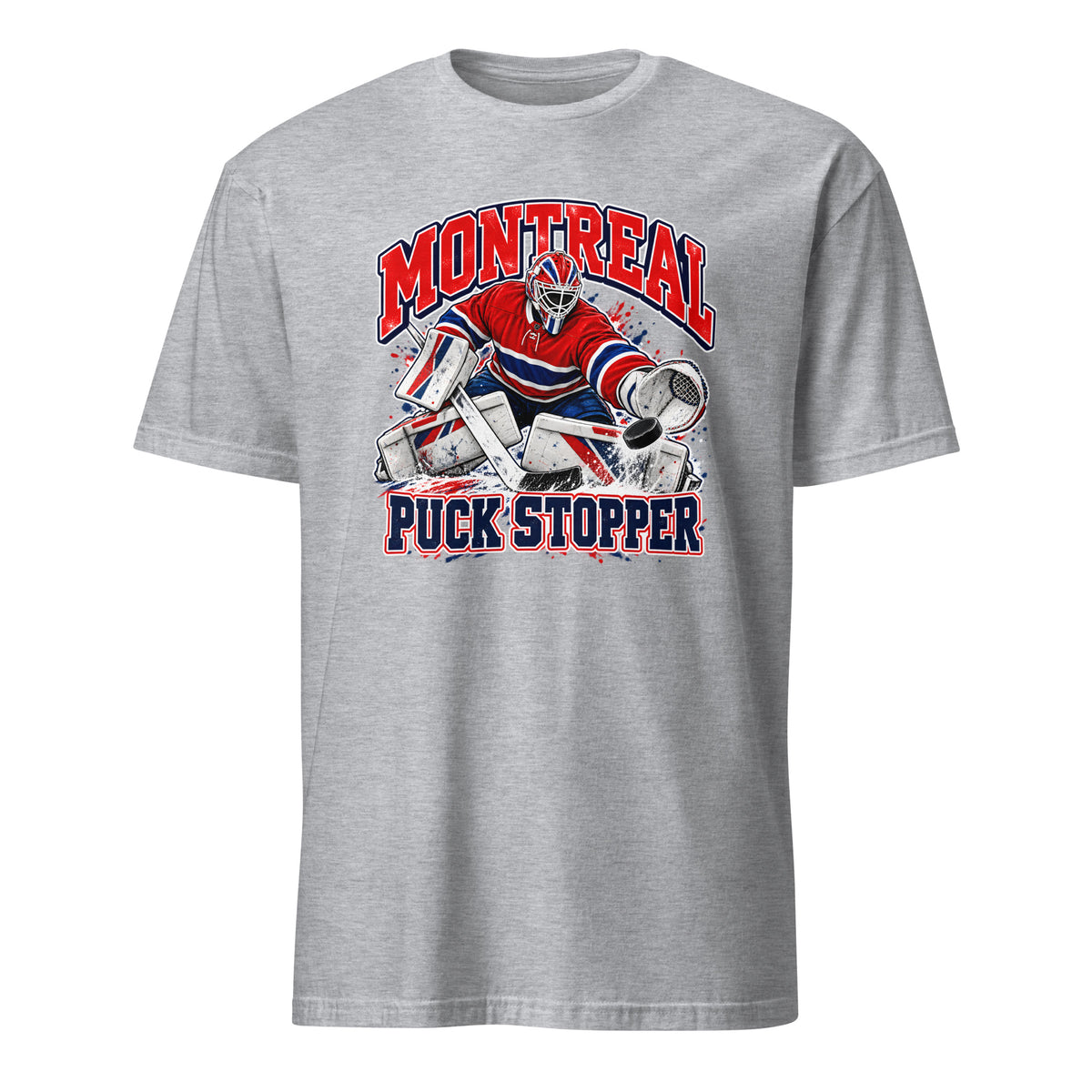 Montreal hockey goalie sport grey graphic t-shirt featuring a puck stopper making a save in red, white and blue hockey gear, vintage ice hockey fan apparel.