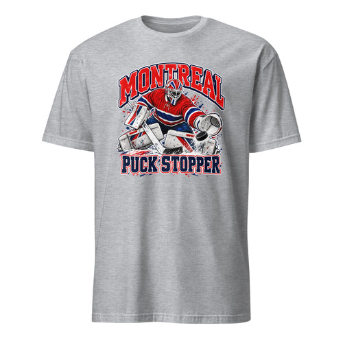 Montreal hockey goalie sport grey graphic t-shirt featuring a puck stopper making a save in red, white and blue hockey gear, vintage ice hockey fan apparel.