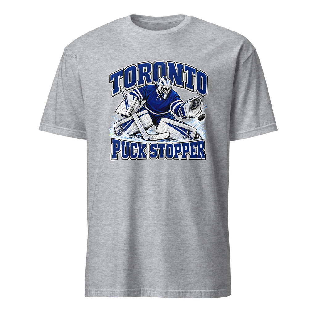 Toronto hockey goalie graphic T-shirt in sport grey featuring a blue and white goalie making a save, with bold Toronto and Puck Stopper lettering.