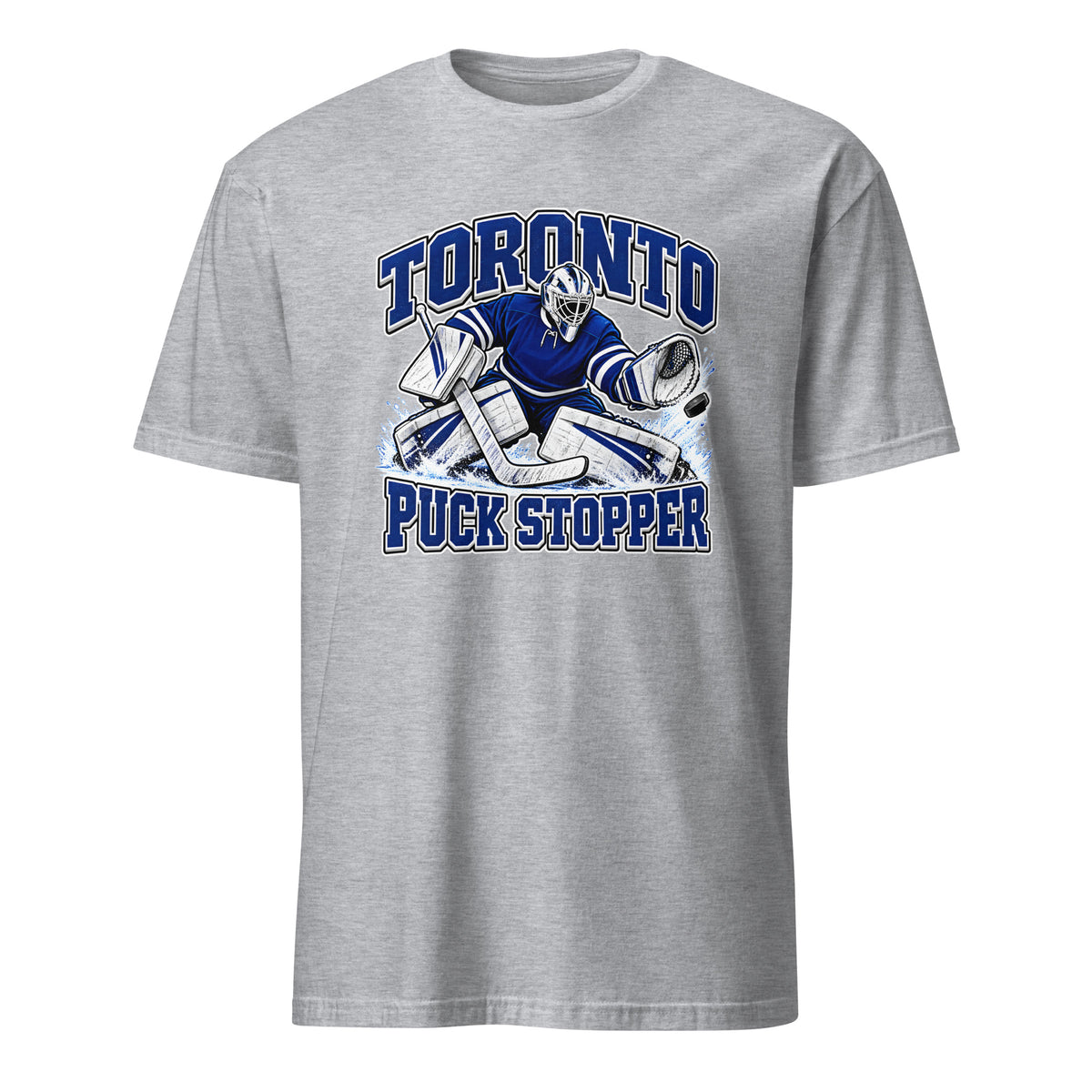 Toronto hockey goalie graphic T-shirt in sport grey featuring a blue and white goalie making a save, with bold Toronto and Puck Stopper lettering.