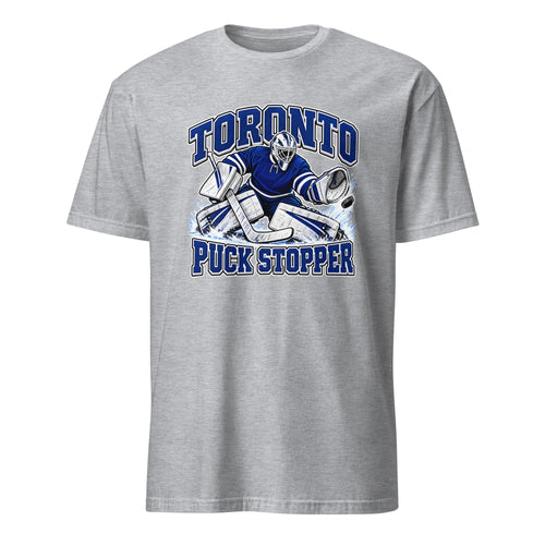 Toronto hockey goalie graphic T-shirt in sport grey featuring a blue and white goalie making a save, with bold Toronto and Puck Stopper lettering.