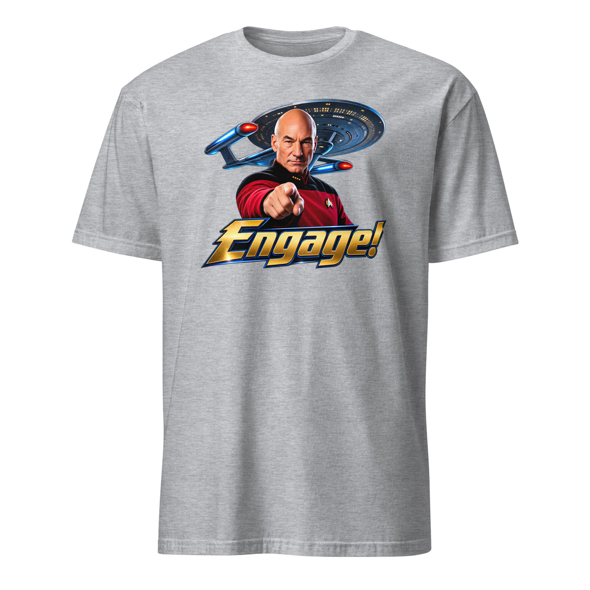 A heather gray crewneck t-shirt featuring a graphic print of Captain Jean-Luc Picard pointing forward with the word 'Engage!' and a Star Trek Enterprise ship in the background.