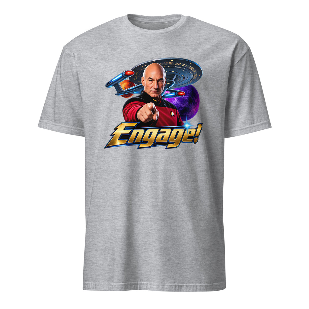 A heather gray short-sleeve crewneck t-shirt featuring a colorful graphic print of Captain Jean-Luc Picard from Star Trek with the word 'Engage!' in gold and blue lettering, set against a plain white background.