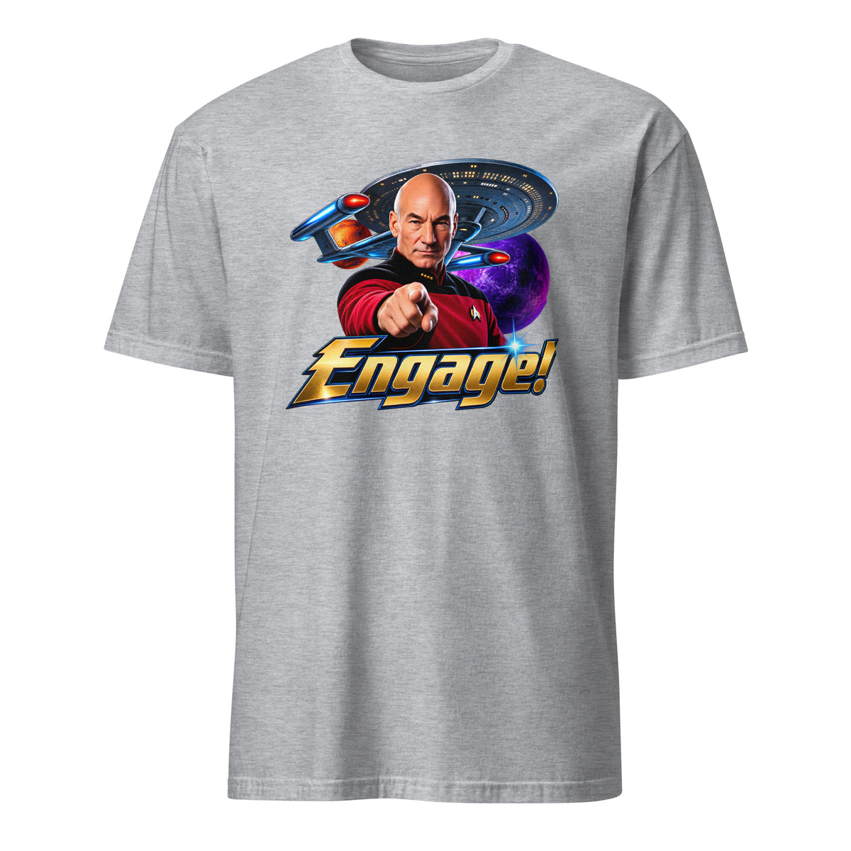 A heather gray short-sleeve crewneck t-shirt featuring a colorful graphic print of Captain Jean-Luc Picard from Star Trek with the word 'Engage!' in gold and blue lettering, set against a plain white background.