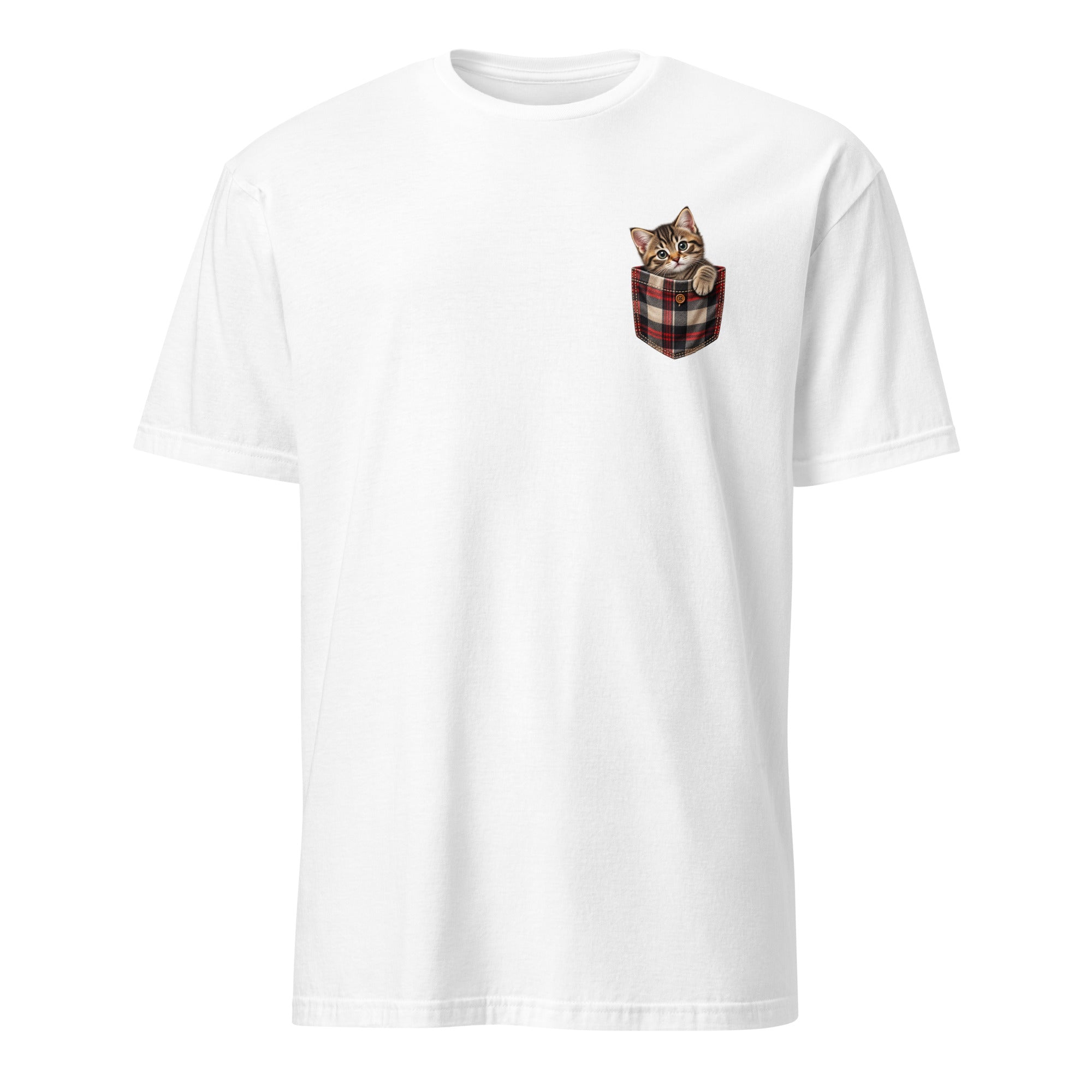 A white short-sleeve crewneck t-shirt featuring a small graphic of a tabby kitten peeking out of a red, black, and green plaid pocket on the left chest.
