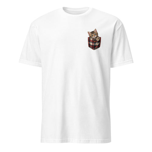 A white short-sleeve crewneck t-shirt featuring a small graphic of a tabby kitten peeking out of a red, black, and green plaid pocket on the left chest.