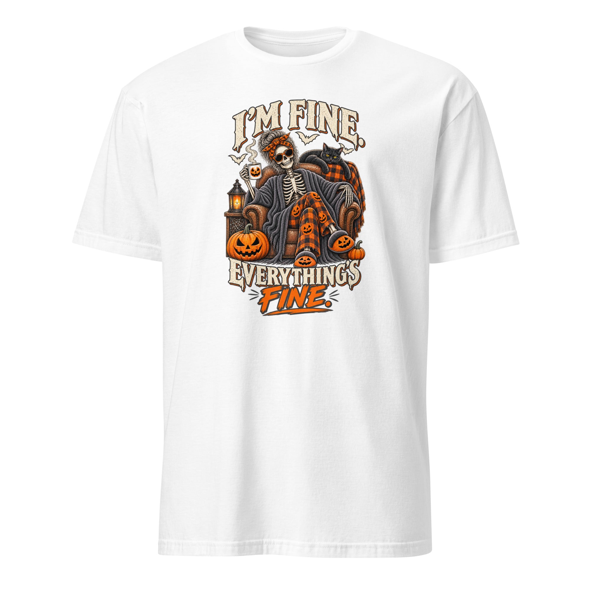 A white short-sleeve crewneck t-shirt featuring a Halloween-themed graphic print on the front. The graphic shows a skeleton in a plaid shirt sitting in a pumpkin-studded cart with the text 'I'M FINE.