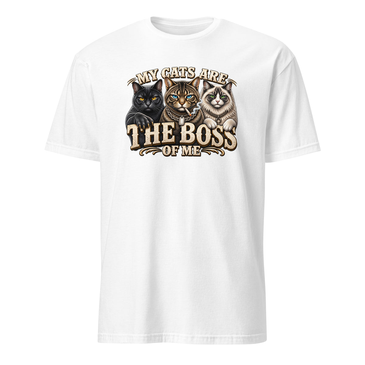 A white short-sleeve crewneck t-shirt featuring a graphic print of three cats with the text 'MY CATS ARE THE BOSS OF ME' in a stylized font.