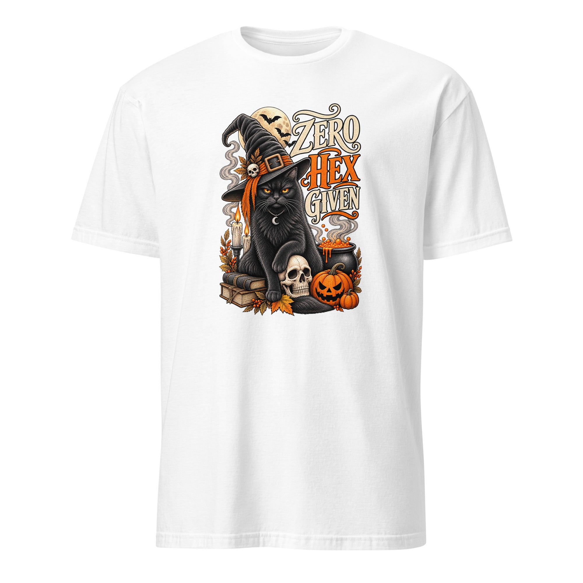 A white short-sleeve crewneck t-shirt featuring a Halloween graphic on the front. The graphic depicts a black cat wearing a witch's hat, surrounded by skulls, pumpkins, and the text 'ZERO HEX GIVEN' in a stylized font.