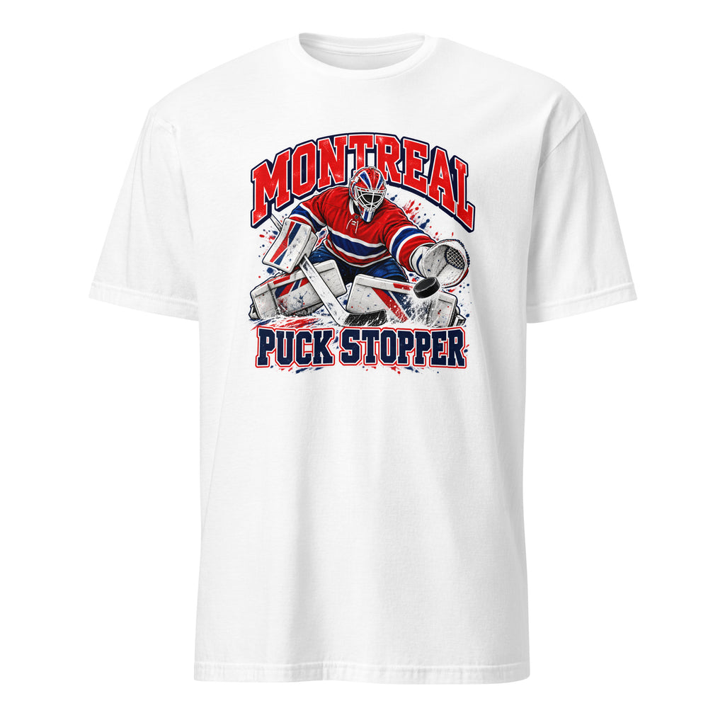 Montreal hockey goalie graphic white t-shirt featuring a puck stopper making a save in red, white and blue hockey gear, vintage ice hockey fan apparel.