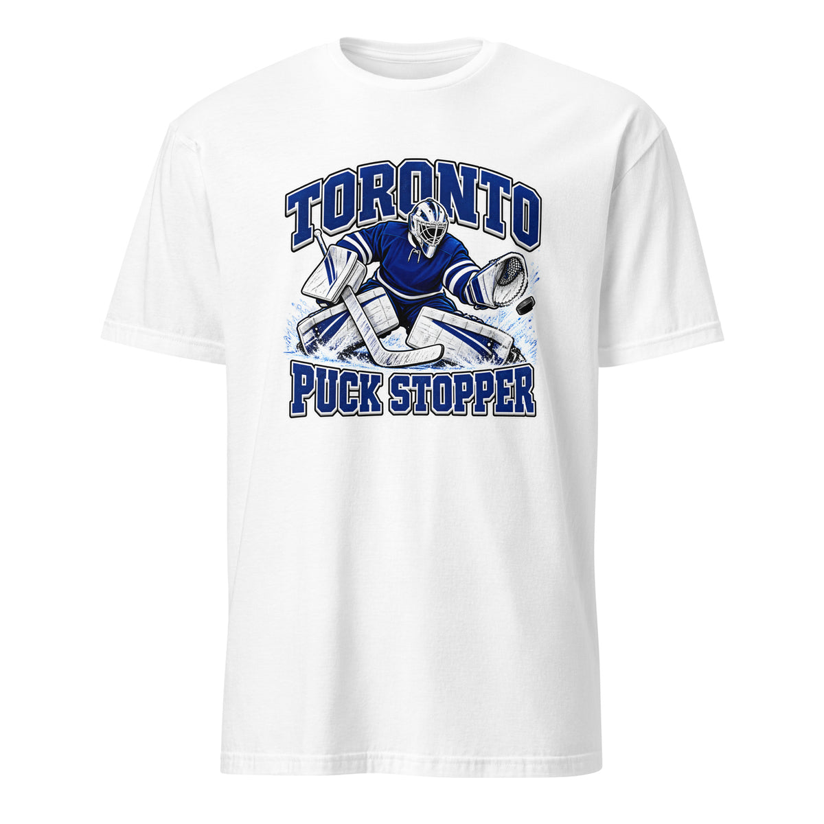 Toronto hockey goalie graphic T-shirt in white featuring a blue and white goalie making a save, with bold Toronto and Puck Stopper lettering.