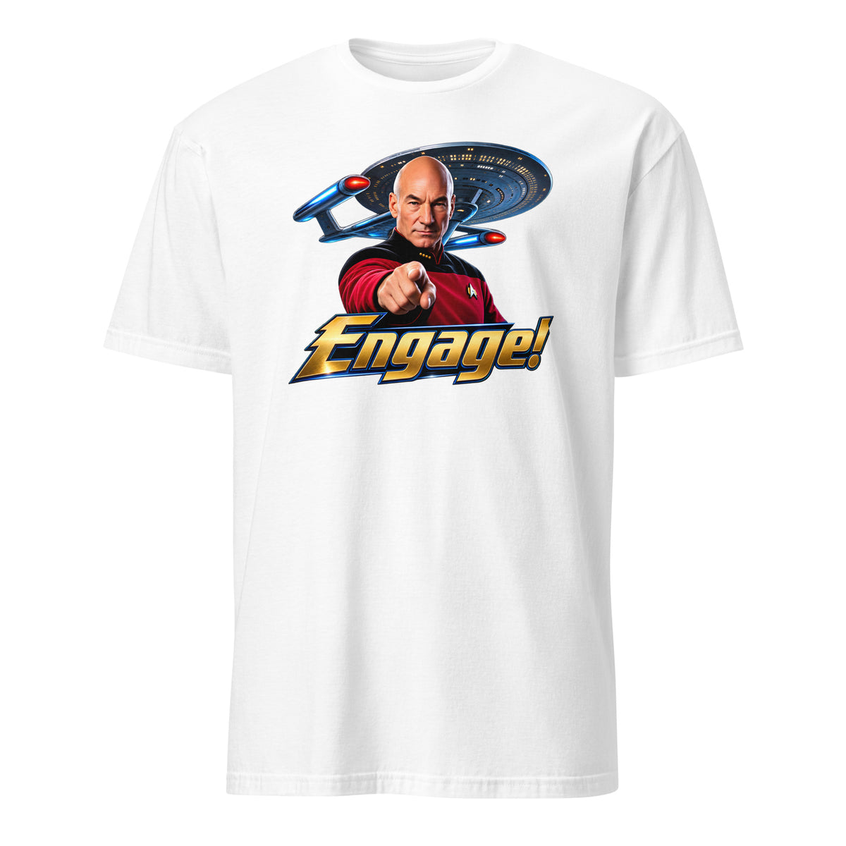 A white short-sleeve crewneck t-shirt featuring a graphic print of Captain Jean-Luc Picard pointing forward with the word 'Engage!' and a Star Trek Starship Enterprise in the background.