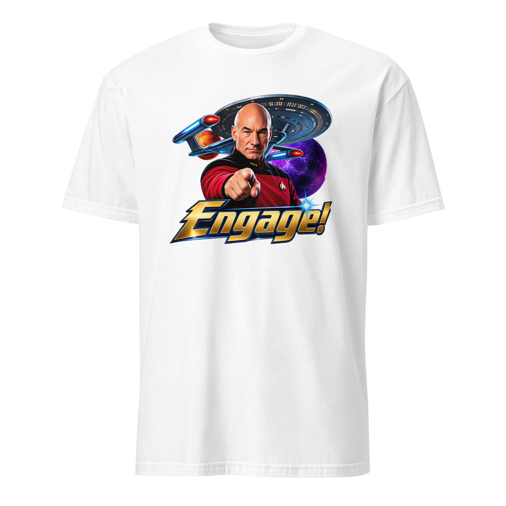 A white short-sleeve crewneck t-shirt featuring a graphic print of Captain Picard from Star Trek pointing forward, with a Starship Enterprise in the background and the word 'Engage!' in large gold and blue text.