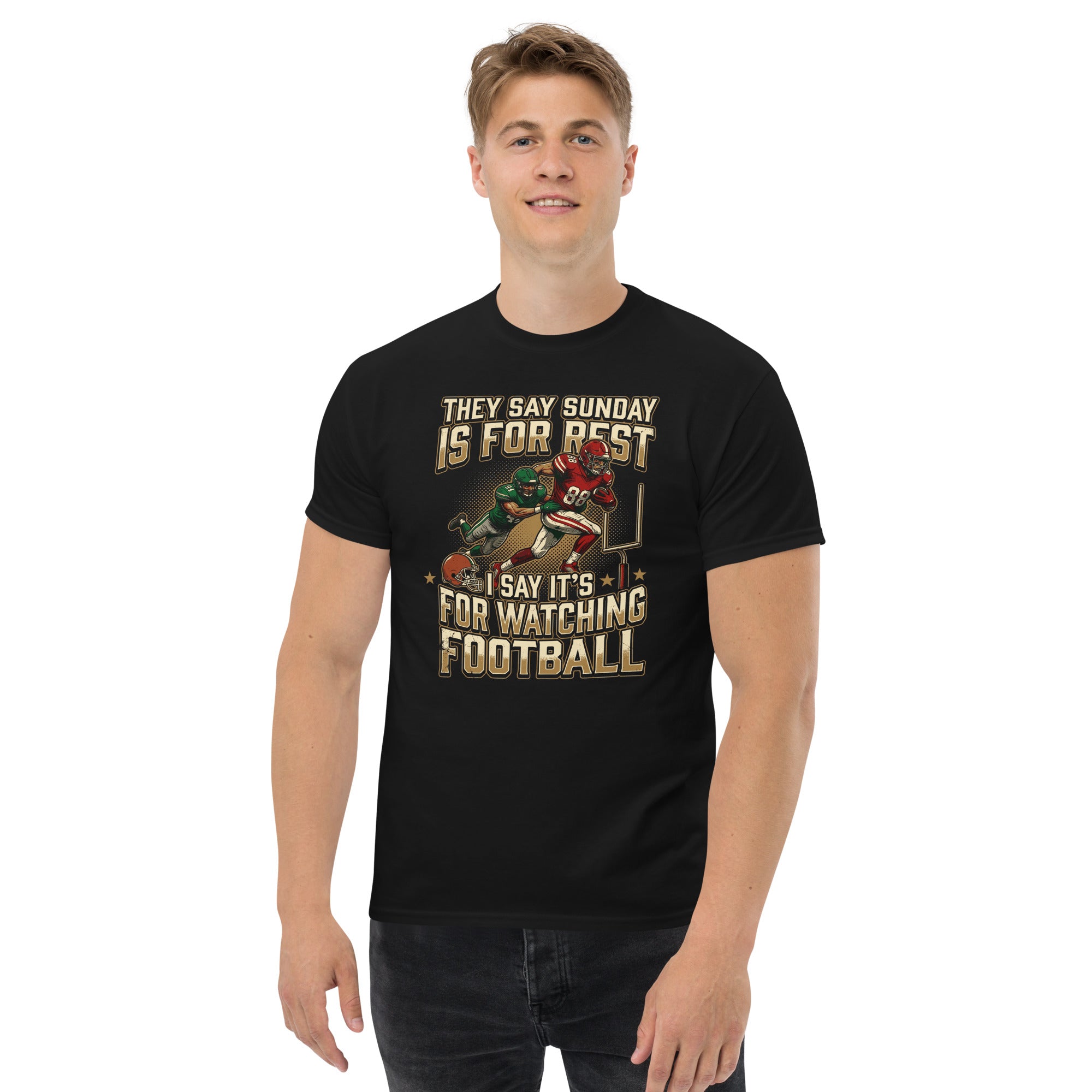 Person wearing a black t-shirt with football players.