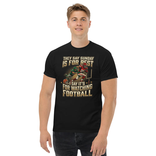 Person wearing a black t-shirt with football players.