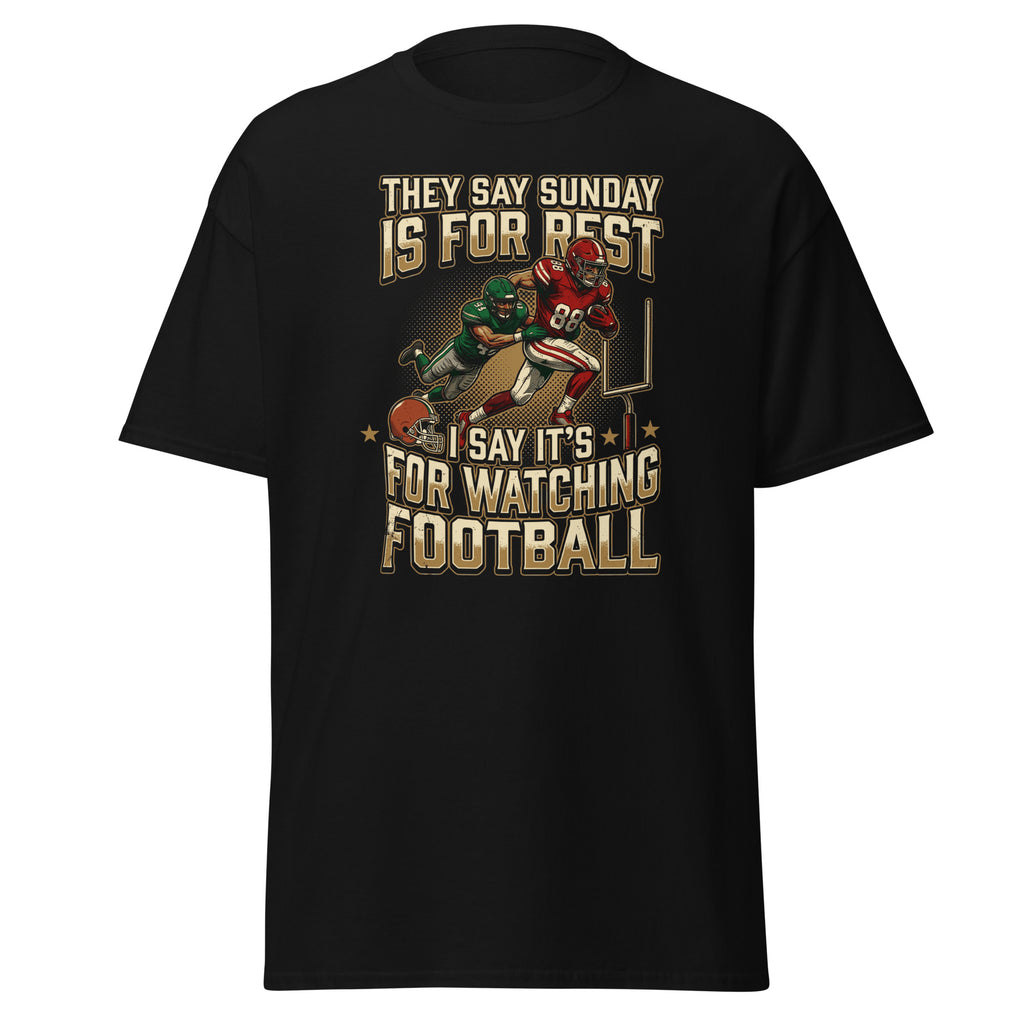 Black Sunday Is For Watching Football graphic t-shirt with football players and bold text design