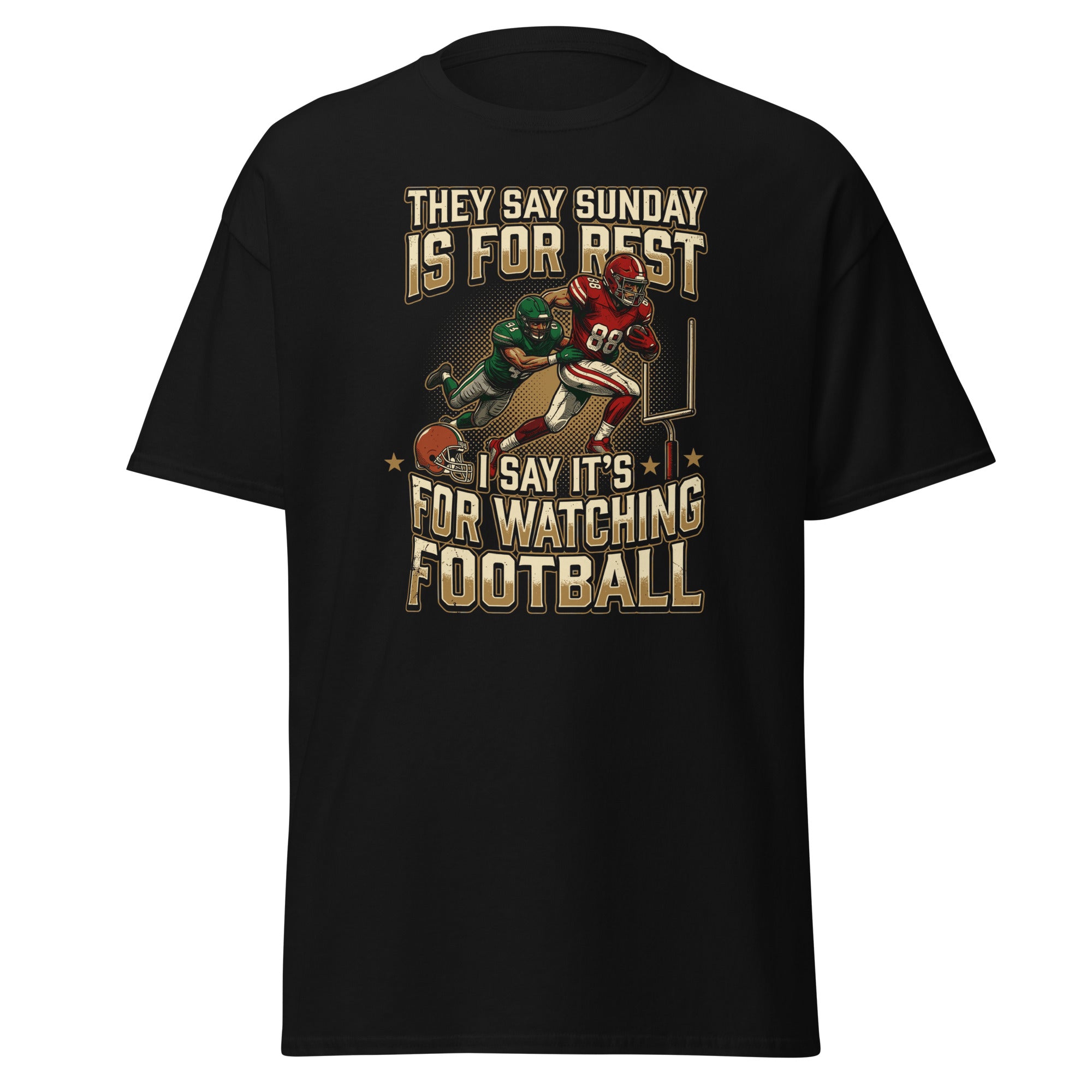 Black Sunday Is For Watching Football graphic t-shirt with football players and bold text design