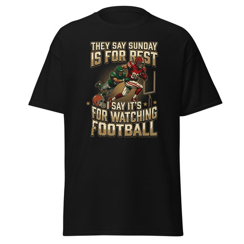 Black Sunday Is For Watching Football graphic t-shirt with football players and bold text design