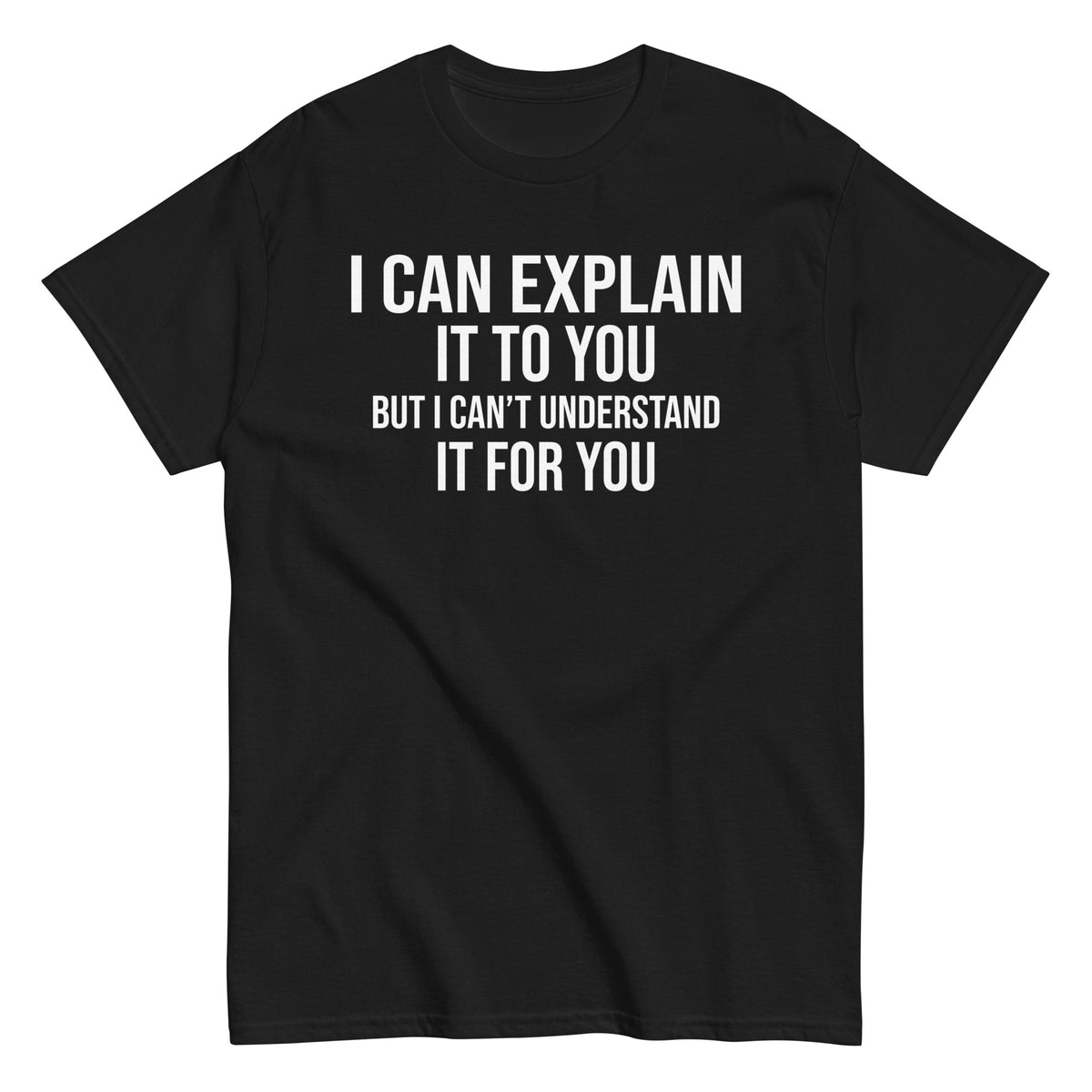 Black unisex T-shirt with white sarcastic quote: I can explain it to you, but I can’t understand it for you.