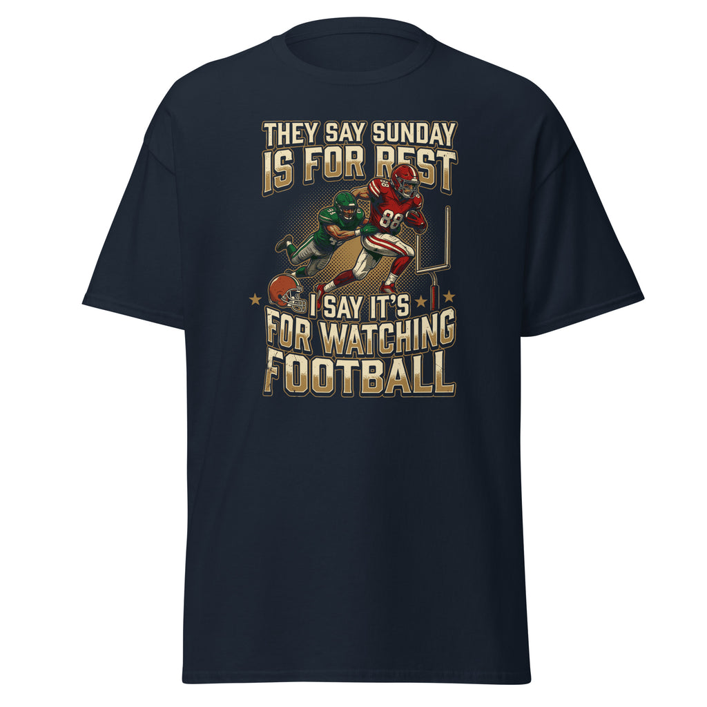 Navy Blue Sunday Is For Watching Football graphic t-shirt with football players and bold text design