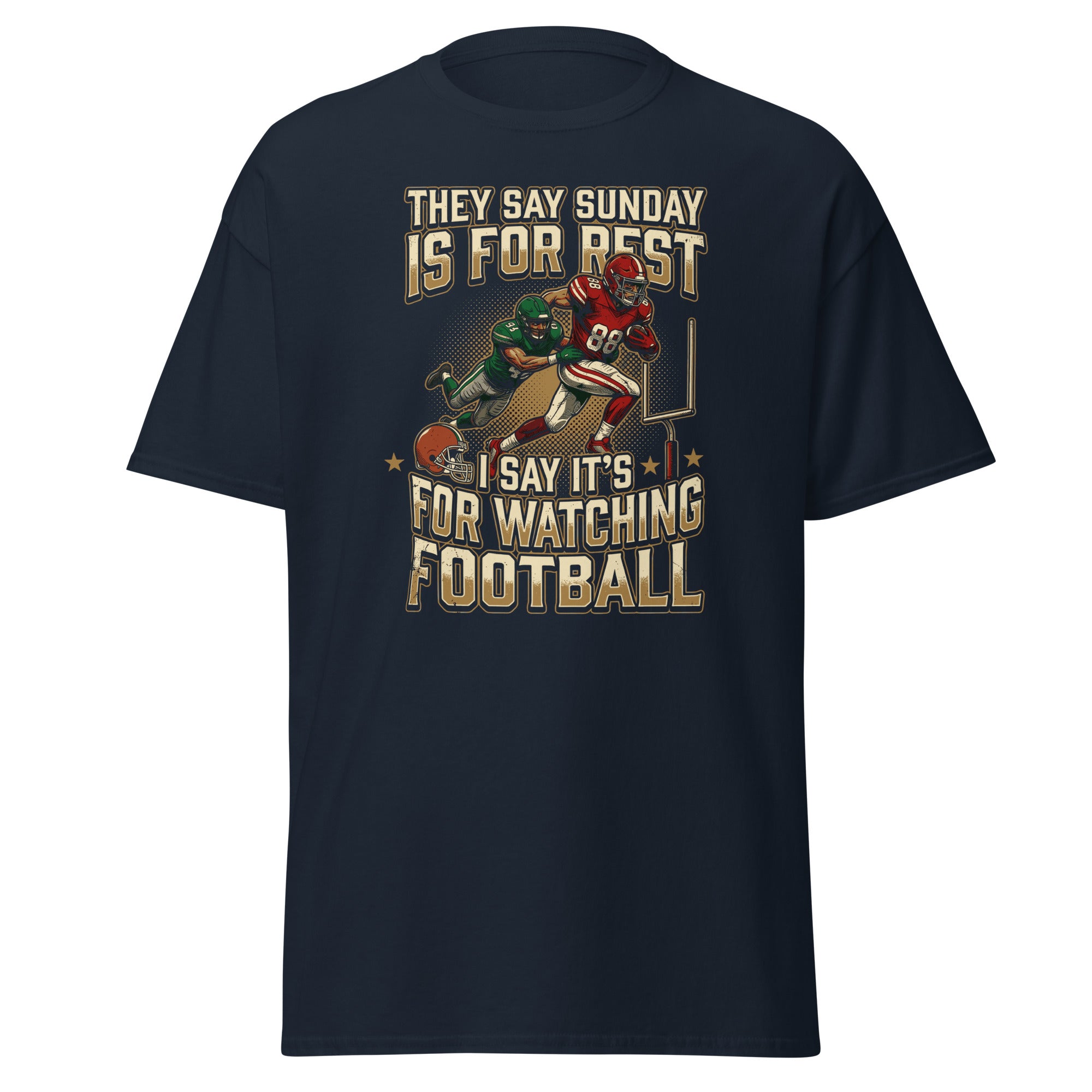 Navy Blue Sunday Is For Watching Football graphic t-shirt with football players and bold text design