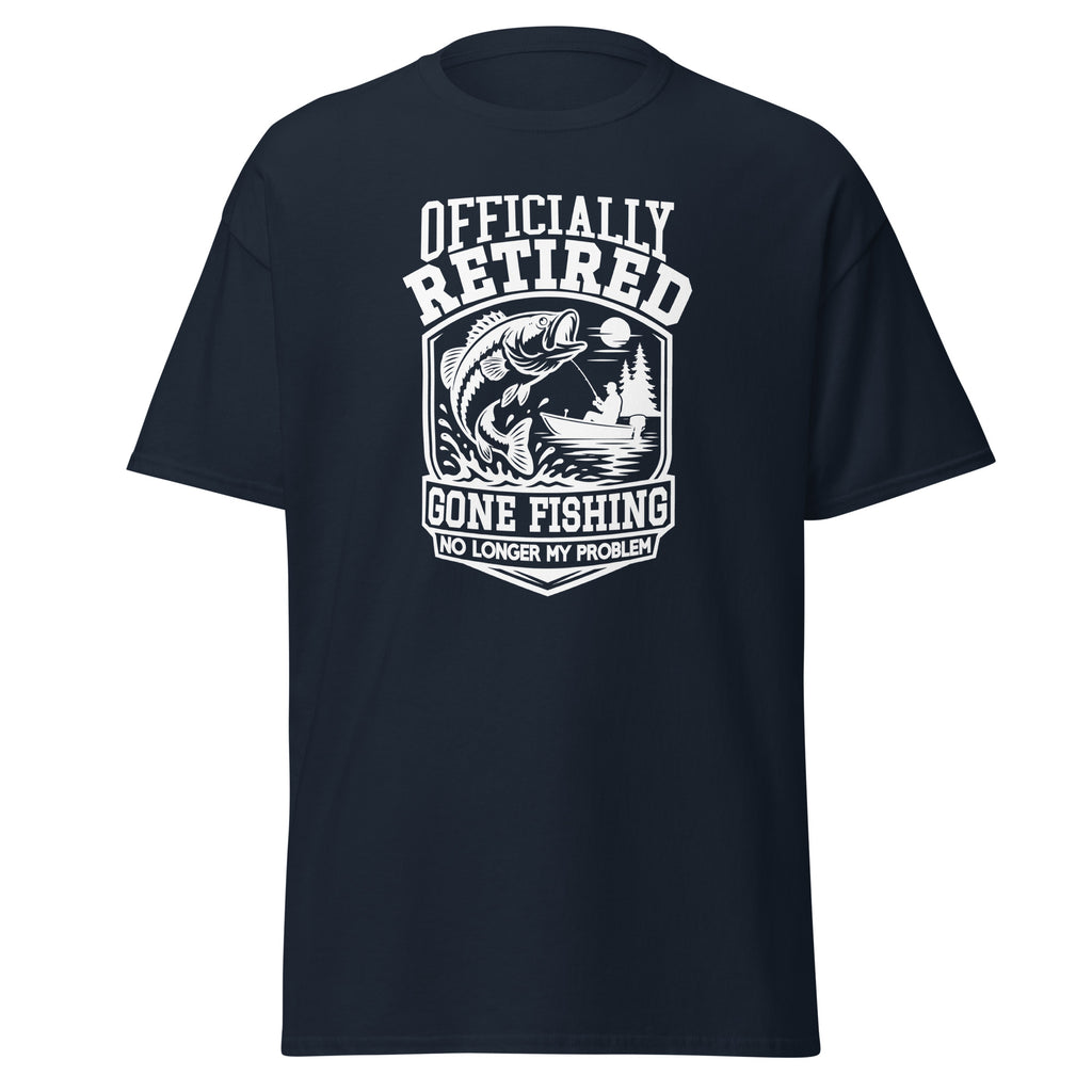 Navy Blue retirement T-shirt featuring a fisherman in a boat with a jumping fish and the words “Officially Retired, Gone Fishing, No Longer My Problem.”