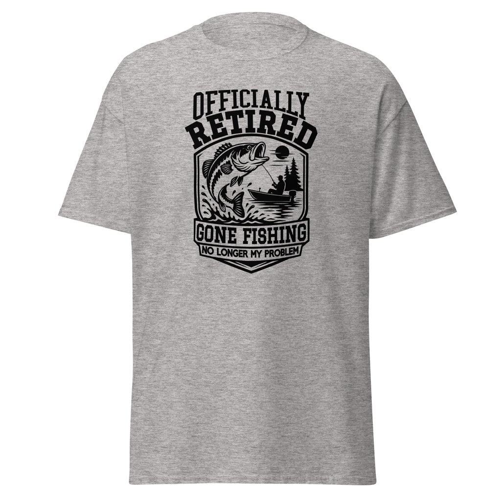 Sport Grey retirement T-shirt featuring a fisherman in a boat with a jumping fish and the words “Officially Retired, Gone Fishing, No Longer My Problem.”