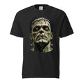 A black short-sleeve crewneck t-shirt featuring a large graphic print of Frankenstein's monster face on the chest, shown against a plain white background.
