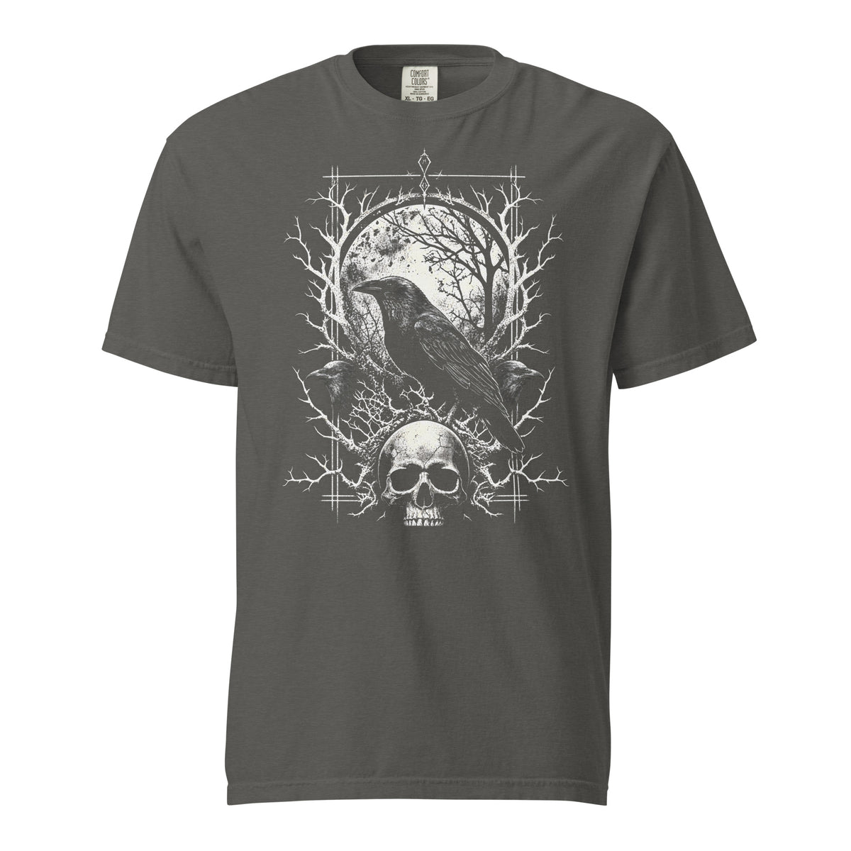 Comfort color 1717 pepper ( grey ) dye washed tee. Front gothic graphic raven with skull,