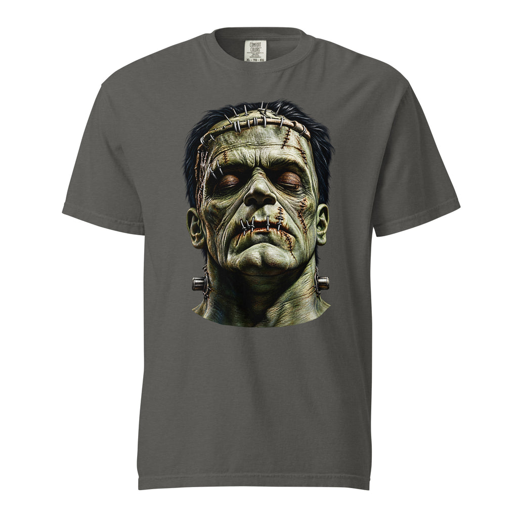 A pepper gray crewneck t-shirt featuring a large graphic print of Frankenstein's monster head on the chest, set against a plain white background.