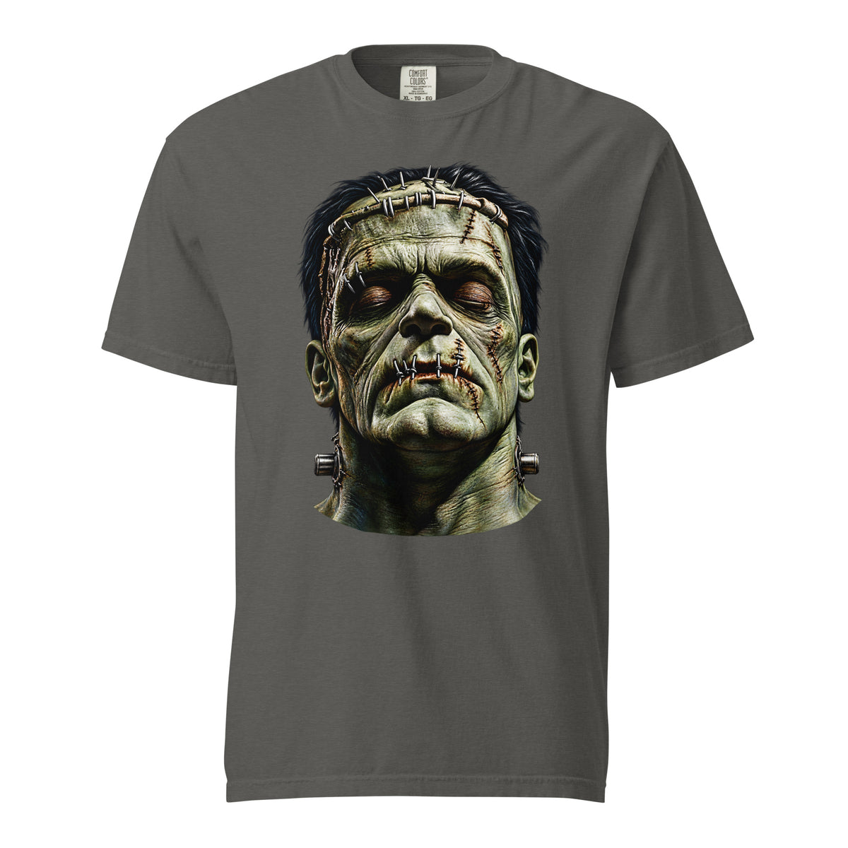 A pepper gray crewneck t-shirt featuring a large graphic print of Frankenstein's monster head on the chest, set against a plain white background.